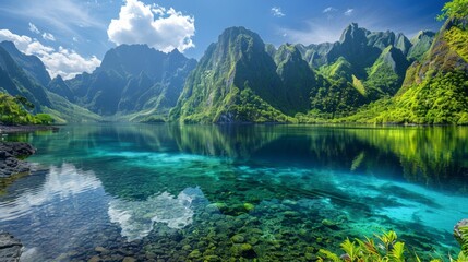 Scenic tropical lagoon with crystal-clear water and dramatic green mountains under a bright blue sky