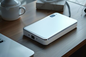 External hard drive sits on a wooden desk, connected to a laptop, with a coffee mug nearby