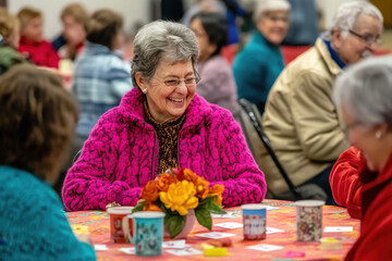 Elderly friends enjoying laughter and card games together