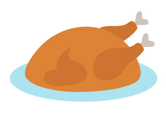 Roasted chicken or turkey on plate. Food element. Vector flat illustration.