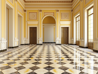 Fototapeta premium Elegant yellow ballroom interior marble checker floor classic architecture event venue bright historic mansion backdrop sunlight mockup grand room template luxury open space concept royal dance set