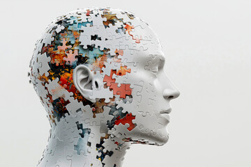 2D Human head from puzzle pieces, white puzzle pieces on different colors background. Mental health. Generative AI