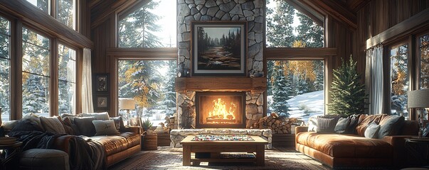Cozy Cabin Living Room with Warm Fireplace and Nature View