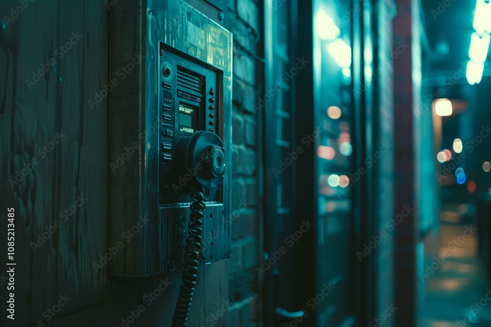Poster intercom system hanging on a wall with turquoise light in the background