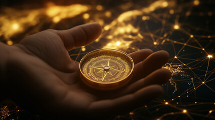 Hand Holding Compass in Digital Space Symbolizing Business Intelligence