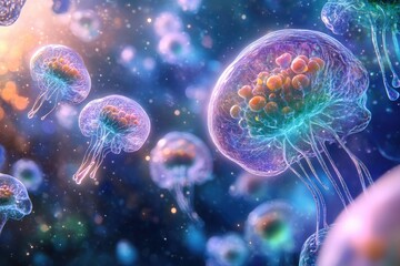 Jellyfish swimming in deep ocean with bioluminescent particles