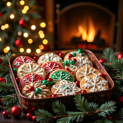 Fototapeta premium A tray of beautifully decorated holiday cookies nestled among pine and ornaments near a cozy fire, photography of still life concept.