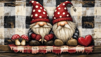 Two christmas gnomes sitting on wooden shelf with red heart and mushrooms