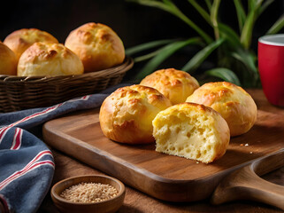 Brazilian Pão de Queijo (Cheese Bread) Recipe: Showcase golden, airy cheese breads fresh out of the oven, with gooey cheese on the inside. Place on a wooden board with a small pot of coffee.