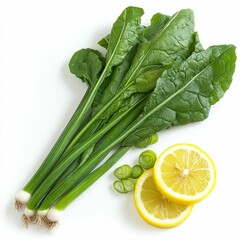 Green onions, spinach, and sliced lemon.