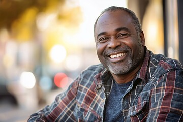 Obraz premium Joyful Portrait of a Smiling Man Outdoors in Autumn Settings