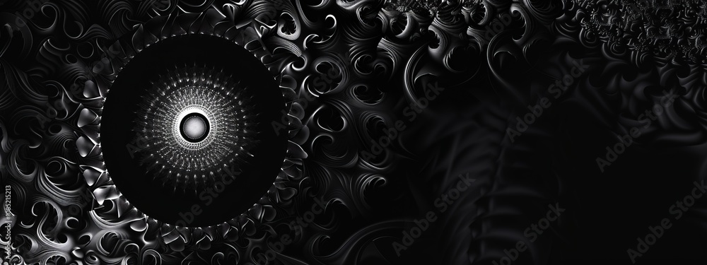 Poster Black background with fractal designs. Banner template with white space in the center for text. Perfect for abstract minimalist wallpaper and modern graphic design projects.