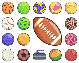 A colorful illustration of various sports balls, including basketball, baseball, football, volleyball, tennis, golf, soccer, cricket, bowling, and more.