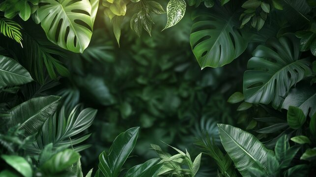 A lush green jungle with leaves and vines
