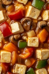 Tofu, mushrooms, peppers in sauce.