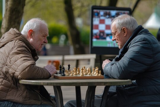 Two elderly men play chess in a park while a digital chess board displays game moves behind them. A moment of strategy and friendship captured beautifully. Generative AI