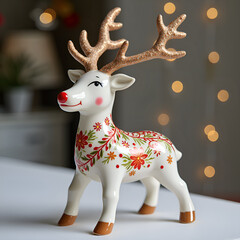 Charming decorative reindeer with vibrant floral patterns for holiday home d cor and seasonal celebrations, photography of still life concept.