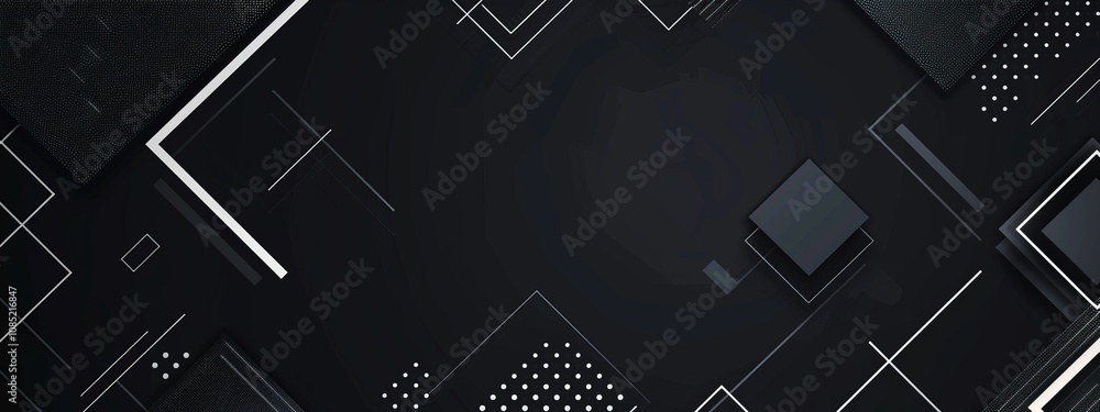 Poster Abstract minimalist wallpaper with geometric motifs and patterns on black background. Featuring white space in the center for text, ideal for design templates and modern banners.