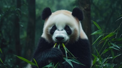 Obraz premium Close-up of a Panda Eating Bamboo in a Lush Forest