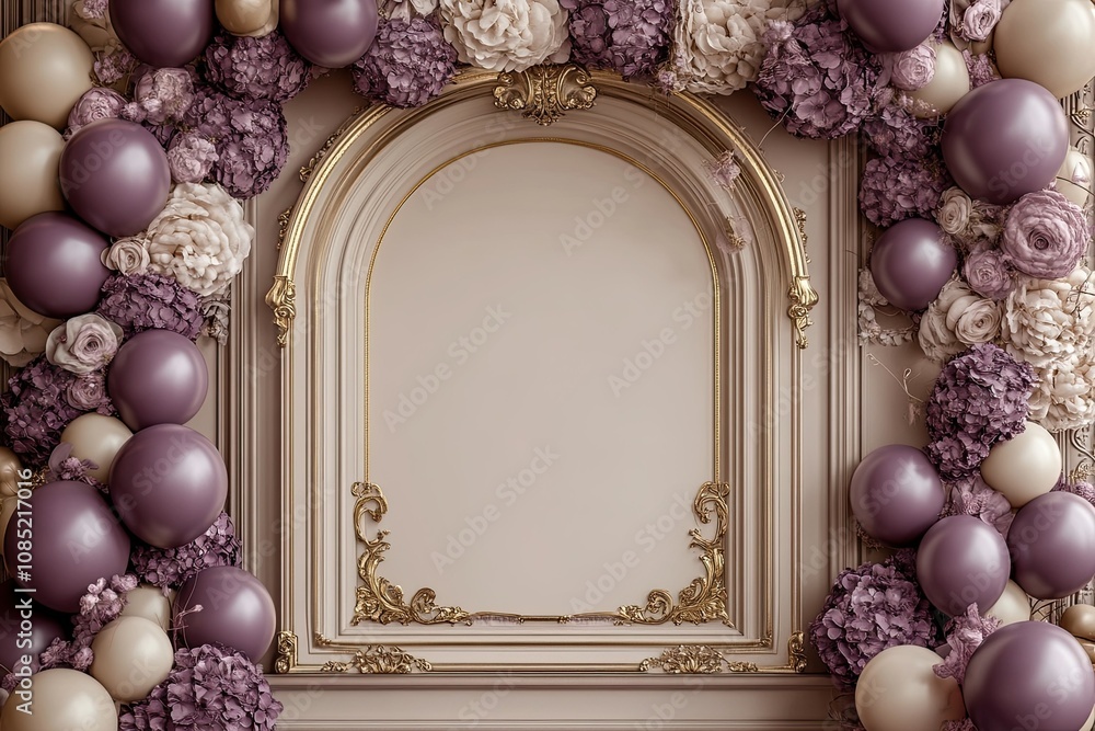 Poster light brow n and plum elegant balloons decoration and flowers with frame arch and round empty space 