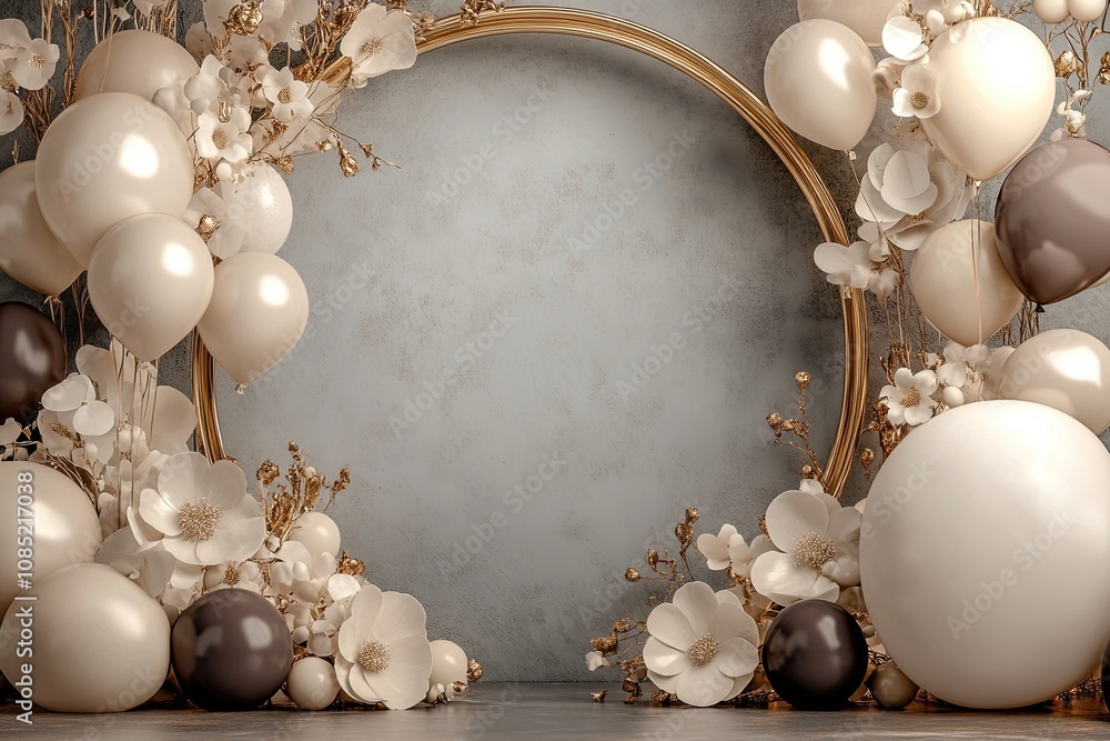 Poster light brow n and plum elegant balloons decoration and flowers with frame arch and round empty space 