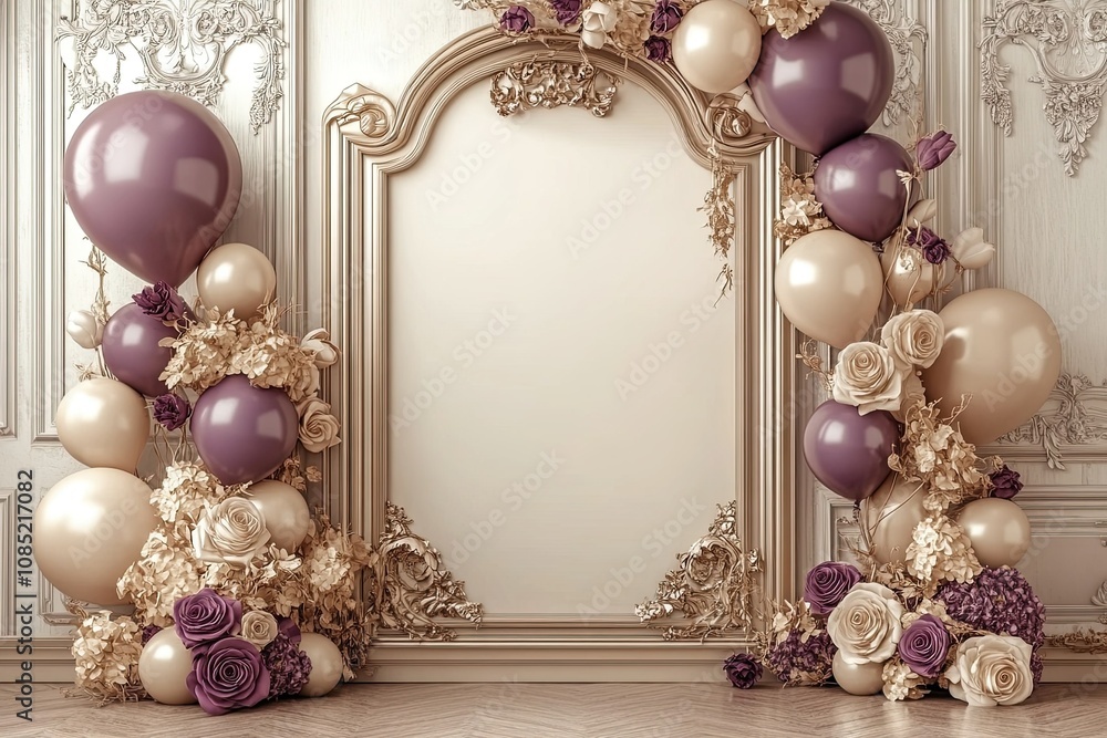 Poster light brow n and plum elegant balloons decoration and flowers with frame arch and round empty space 