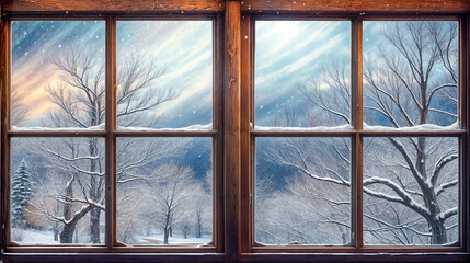 Snowy Winter Scene Viewed Through a Window