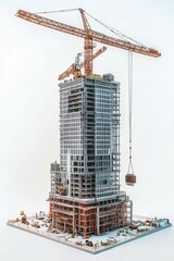 Construction site with crane lifting beams.