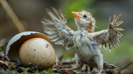A baby bird hatching from its egg, stretching its wings for the first time and learning to fly.