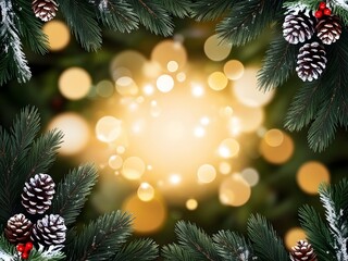 Christmas-Themed Background with Golden Bokeh and Snow-Dusted Pinecones