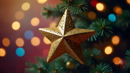 Christmas Star Decoration on Tree with Colorful Bokeh Background