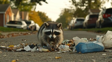 Raccoon Foraging in a Residential Street