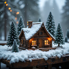 Fototapeta premium Charming snowy cabin surrounded by pine trees with warm glow and falling snowflakes, photography of winter landscape concept.