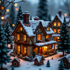 Fototapeta premium Charming snow covered cottage illuminated by warm lights in a winter wonderland setting, photography of winter scene concept.