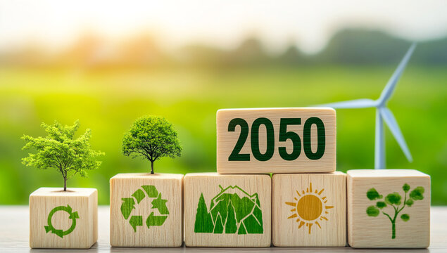 Five wooden blocks feature 2050 and symbols representing recycling, trees, mountains, the sun, and a plant