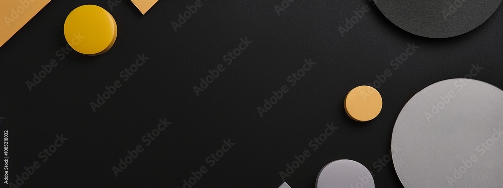 Poster photo of black background with geometric shapes arranged in a minimalist style for design, banner te