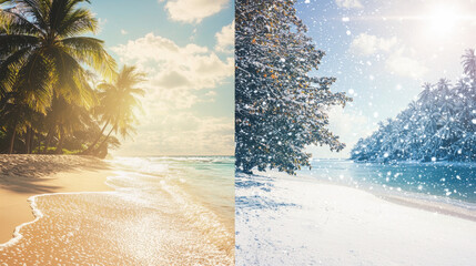 Split Screen of Summer Beach and Winter Wonderland