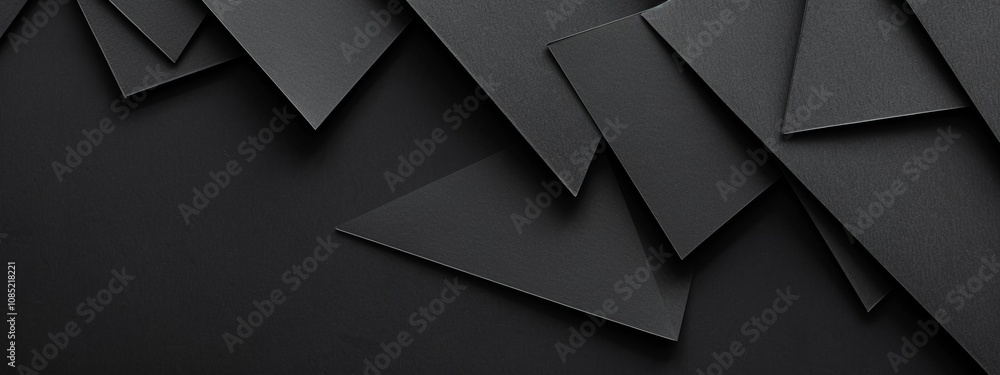 Poster photo of black background with geometric shapes arranged in a minimalist style for design, banner te