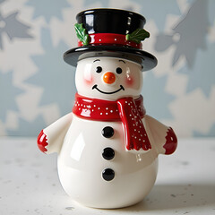 Cheerful ceramic snowman figurine with red scarf and hat against a frosty background, photography of still life concept.