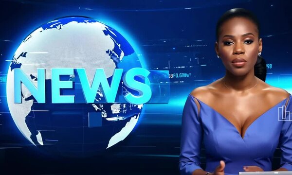 black News anchor presenting a broadcast in an elegant blue dress with a holographic globe and "news" text in a modern digital studio.