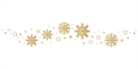 Golden Snowflakes and stars border. Christmas card vector illustration