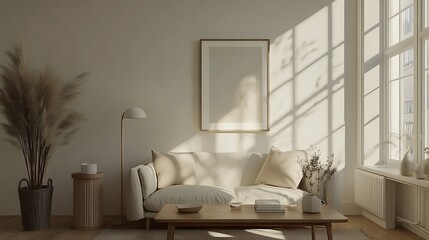 Cozy, sunlit living room with minimalist decor and plants.