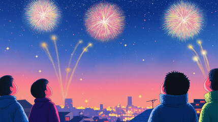 Fototapeta premium children watching fireworks at night, happy new year concept