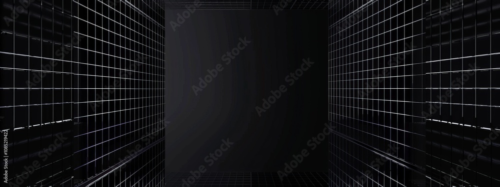 Poster Black Background with Grid Lines and Dots, Banner Template with White Space for Text. Abstract Minimalist Wallpaper with Copy Space on Black Background. Stylish Modern Wallpaper.