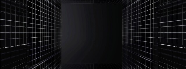 Naklejka premium Black Background with Grid Lines and Dots, Banner Template with White Space for Text. Abstract Minimalist Wallpaper with Copy Space on Black Background. Stylish Modern Wallpaper.