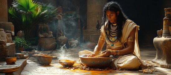 Ancient Priest preparing sacred incense in temple.