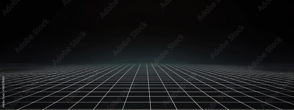Poster Black Background with Grid Lines and Shapes, Banner Template with White Space for Text. Abstract Minimalist Wallpaper with Copy Space on Black Background. Simple Modern Wallpaper.