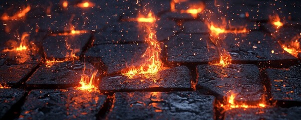 Fototapeta premium A vivid depiction of fiery embers glowing against dark cobblestones, showcasing an intense and dramatic natural phenomenon.