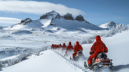 Snowmobile Expedition Through Snowy Mountain Landscape