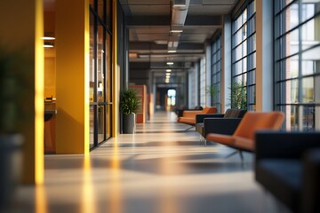 Modern Office Corridor with Stylish Seating and Natural Light
